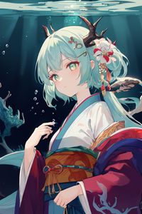 Preview wallpaper girl, horns, kimono, flowers, anime