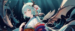 Preview wallpaper girl, horns, kimono, flowers, anime