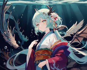 Preview wallpaper girl, horns, kimono, flowers, anime