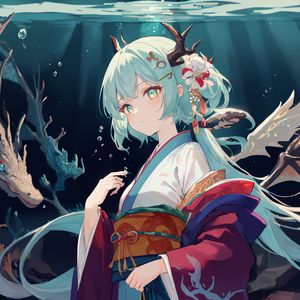 Preview wallpaper girl, horns, kimono, flowers, anime