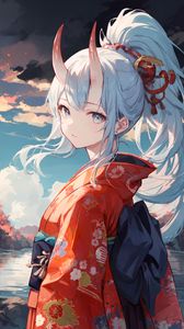 Preview wallpaper girl, horns, kimono, river, anime