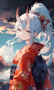 Preview wallpaper girl, horns, kimono, river, anime