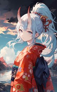 Preview wallpaper girl, horns, kimono, river, anime