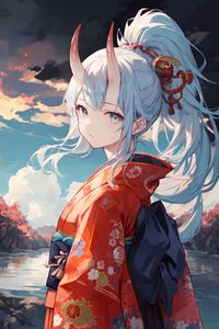 Preview wallpaper girl, horns, kimono, river, anime