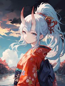 Preview wallpaper girl, horns, kimono, river, anime