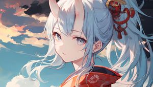 Preview wallpaper girl, horns, kimono, river, anime