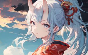 Preview wallpaper girl, horns, kimono, river, anime