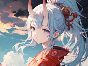 Preview wallpaper girl, horns, kimono, river, anime