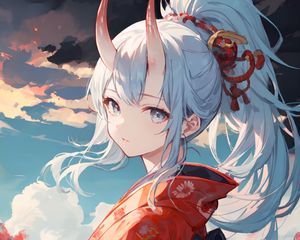 Preview wallpaper girl, horns, kimono, river, anime