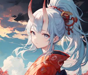 Preview wallpaper girl, horns, kimono, river, anime