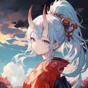 Preview wallpaper girl, horns, kimono, river, anime