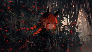 Preview wallpaper girl, horns, lantern, forest, dark, anime