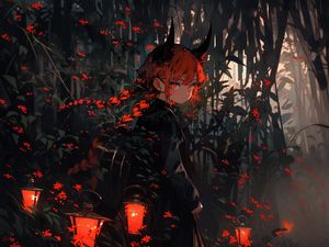Preview wallpaper girl, horns, lantern, forest, dark, anime