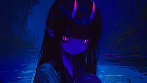 Preview wallpaper girl, horns, otter, art, anime, blue