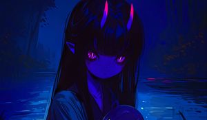 Preview wallpaper girl, horns, otter, art, anime, blue