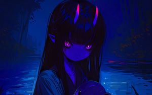 Preview wallpaper girl, horns, otter, art, anime, blue