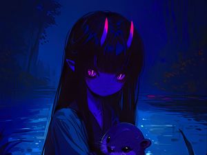 Preview wallpaper girl, horns, otter, art, anime, blue