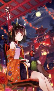 Preview wallpaper girl, horns, pheasant, bird, kimono, japan, anime