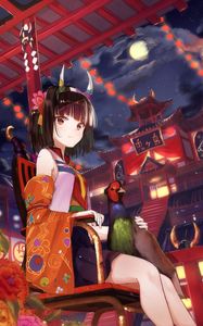 Preview wallpaper girl, horns, pheasant, bird, kimono, japan, anime