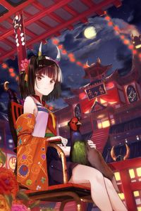 Preview wallpaper girl, horns, pheasant, bird, kimono, japan, anime