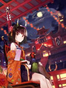 Preview wallpaper girl, horns, pheasant, bird, kimono, japan, anime