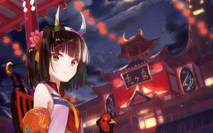 Preview wallpaper girl, horns, pheasant, bird, kimono, japan, anime