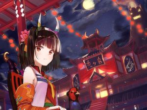 Preview wallpaper girl, horns, pheasant, bird, kimono, japan, anime