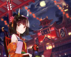 Preview wallpaper girl, horns, pheasant, bird, kimono, japan, anime