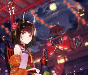 Preview wallpaper girl, horns, pheasant, bird, kimono, japan, anime