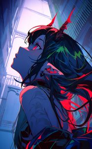 Preview wallpaper girl, horns, profile, glance, anime