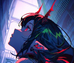 Preview wallpaper girl, horns, profile, glance, anime