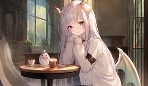 Preview wallpaper girl, horns, sad, anime