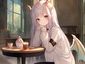 Preview wallpaper girl, horns, sad, anime