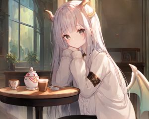 Preview wallpaper girl, horns, sad, anime