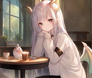 Preview wallpaper girl, horns, sad, anime