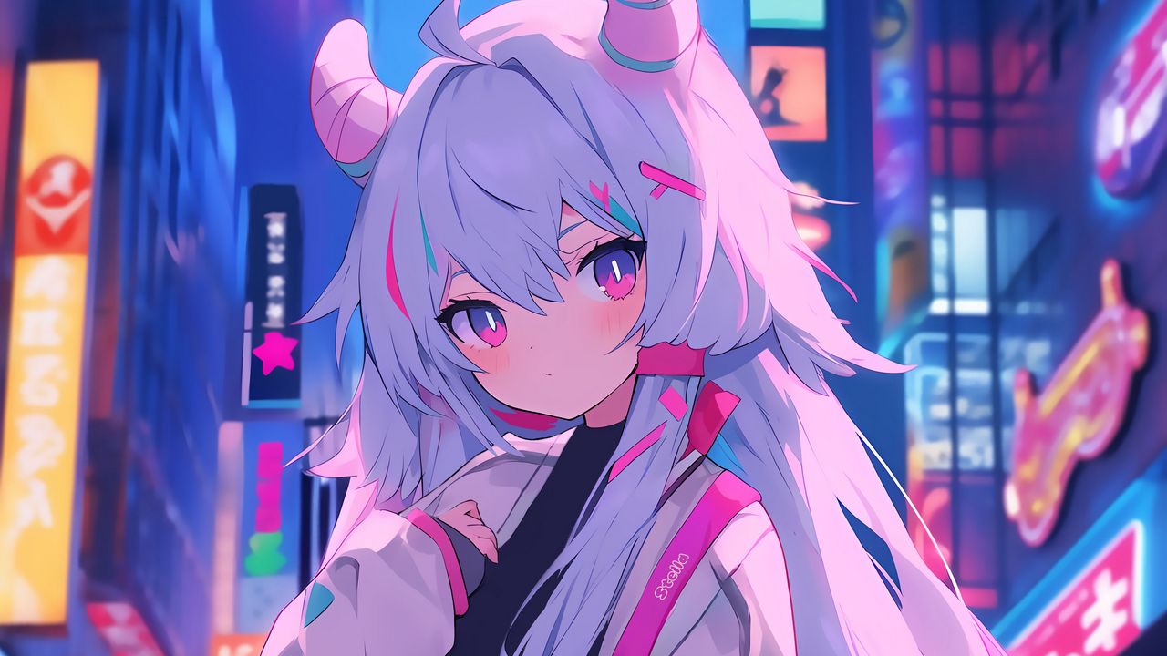 Wallpaper girl, horns, street, city, anime