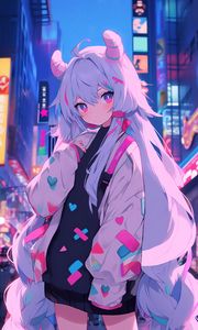 Preview wallpaper girl, horns, street, city, anime