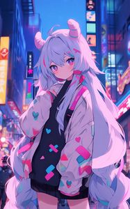 Preview wallpaper girl, horns, street, city, anime