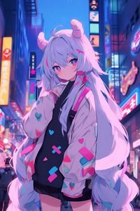 Preview wallpaper girl, horns, street, city, anime