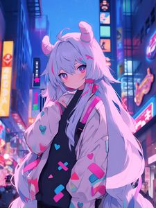 Preview wallpaper girl, horns, street, city, anime