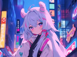 Preview wallpaper girl, horns, street, city, anime