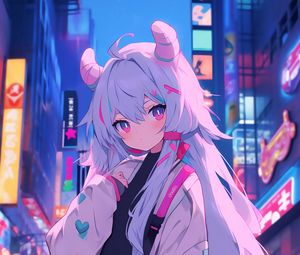 Preview wallpaper girl, horns, street, city, anime