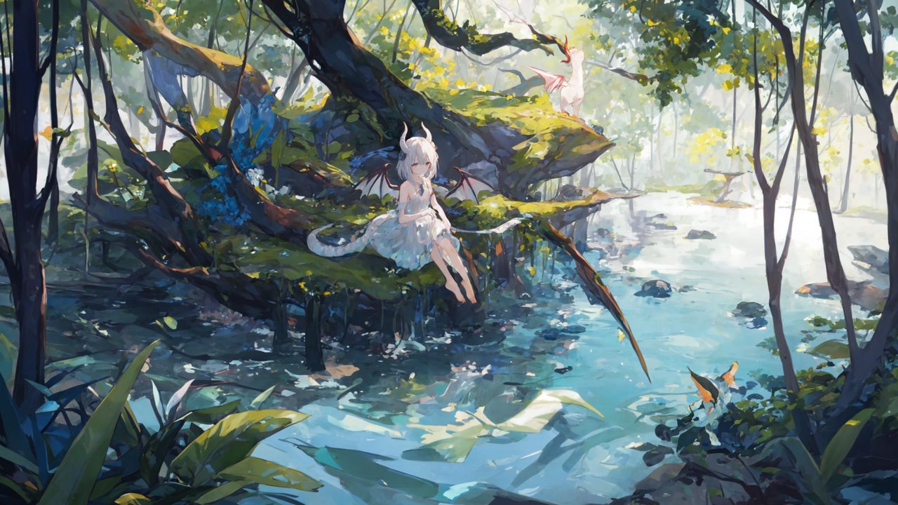 Wallpaper girl, horns, tail, tree, river, anime