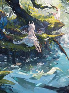 Preview wallpaper girl, horns, tail, tree, river, anime