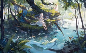 Preview wallpaper girl, horns, tail, tree, river, anime