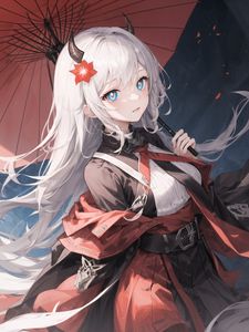 Preview wallpaper girl, horns, umbrella, anime