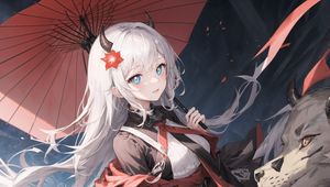 Preview wallpaper girl, horns, umbrella, anime