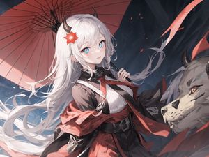 Preview wallpaper girl, horns, umbrella, anime