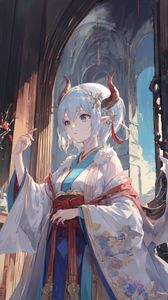 Preview wallpaper girl, horns, wings, kimono, anime