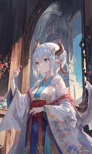 Preview wallpaper girl, horns, wings, kimono, anime